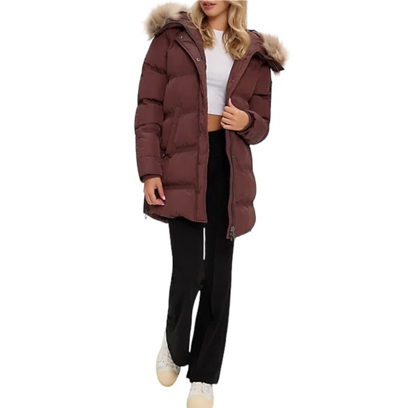nwt $240 Sam Edelman Faux Fur Trim Hooded Parka Quilted Puffer Coat Burgundy XS - Picture 15 of 16